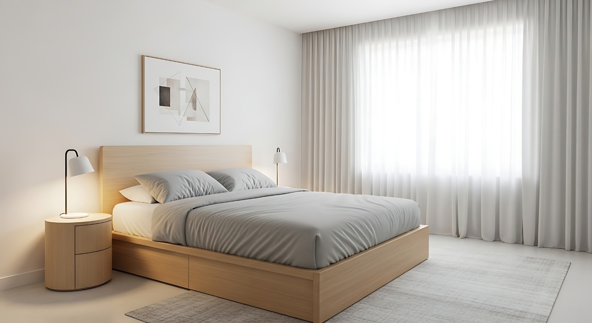 Bright and serene contemporary bedroom with wood bed